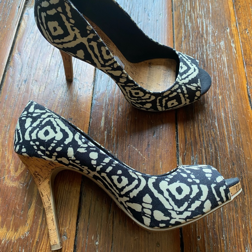Navy and beige heels